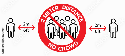 Vector of No crowd sign, keep 2 meters distance,Social distancing concept. protection from Covid-19. Wall warning sign, floor sticker for public place to prohibit crowds, reduce risk.