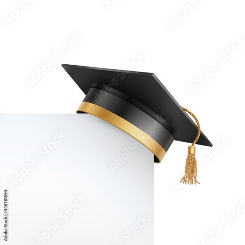 Graduate college, high school or university cap isolated on white background. Vector 3d degree ceremony hat with white paper banner. Black educational student symbol and blank frame