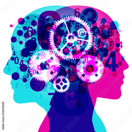 2 humans figure back-to-back silhouettes overlaid with various blending semi-transparent numbers and linked node graphics. Centre overlaid is a semi translucent set of 4 gears.