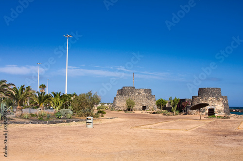 Historic fortress complex on the beach promenade of Caleta de Fuste, Fuerteventura, Canary Islands, Spain, Europe