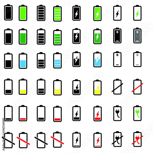 Battery icons vector set. Phone charge level illustration sign collection. UI design elements of battery percentage.