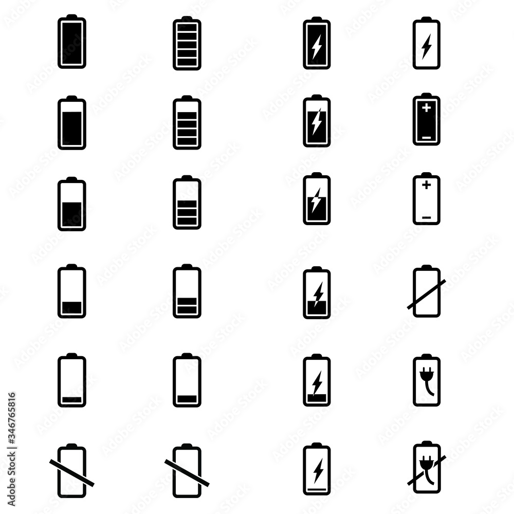 Battery icons vector set. Phone charge level illustration sign collection. UI design elements of battery percentage. Battery icons vector set. Phone charge level illustration sign collection. UI design elements of battery percentage.