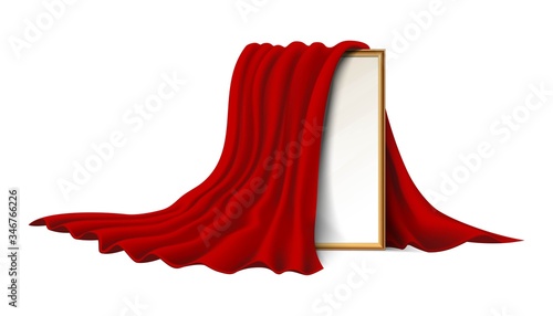  Isolated on white background. 3d realistic vector wooden picture frame covered with red velvet cloth.
