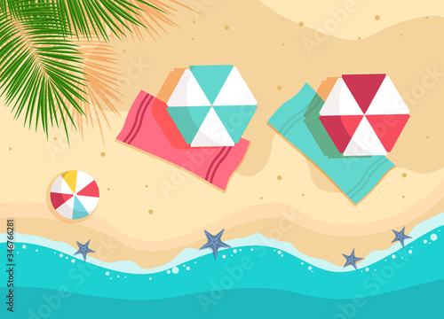 Vector beach with waves, umbrellas, bright towels vector background