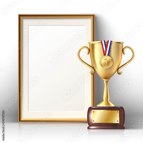 vector golden trophy and picture frame with wooden border. Isolated illustration.