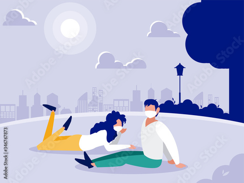 Woman and man couple with masks at park in front of city buldings vector design