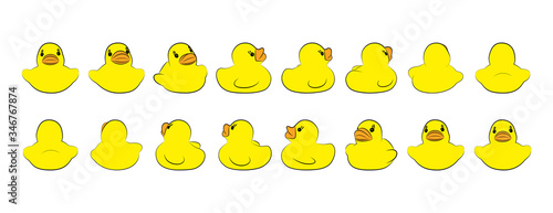 Set of yellow rubber ducks in different phase of rotation. Template for business design or kids. Vector