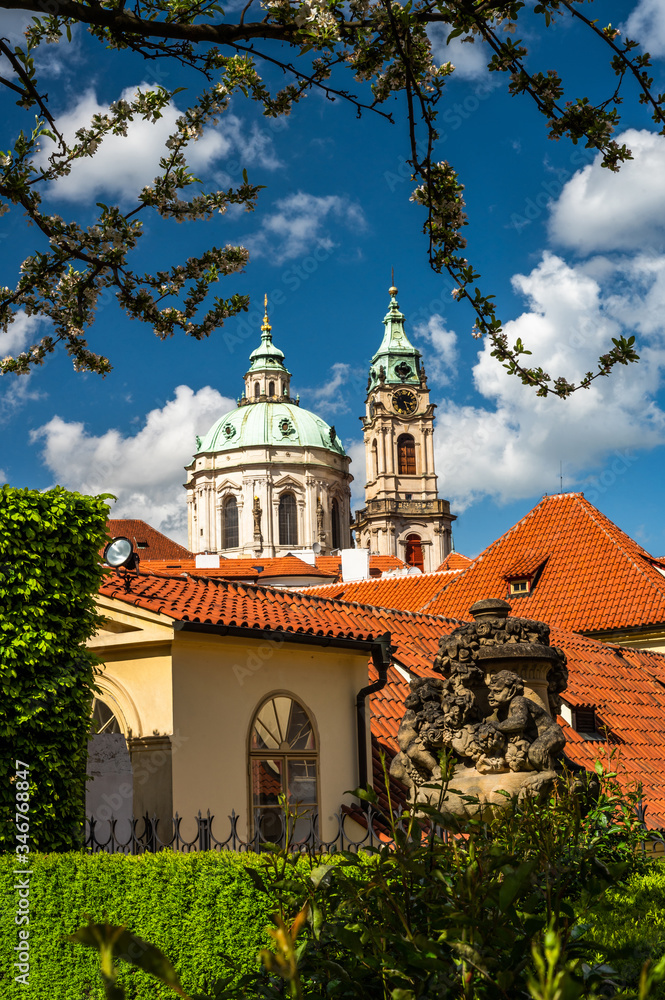 Town Belfry of St. Nicholas' Church, The Vrtba garden,  Prague, city centre, Czech Republic, Europe