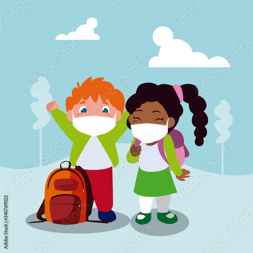 Girl and boy kid cartoon with masks and school bags at park vector design