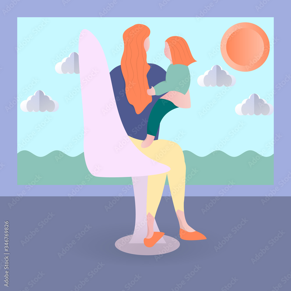 Woman carrying baby on her hands in the room. Simple vector illustration in apartment. Cute colorful character in trendy cartoon flat style. Mother with newborn child boy or girl sitting on a chair