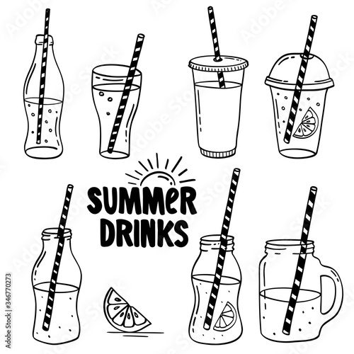 Set of water, drinks, lemonade, coffee and smoothies in different cups