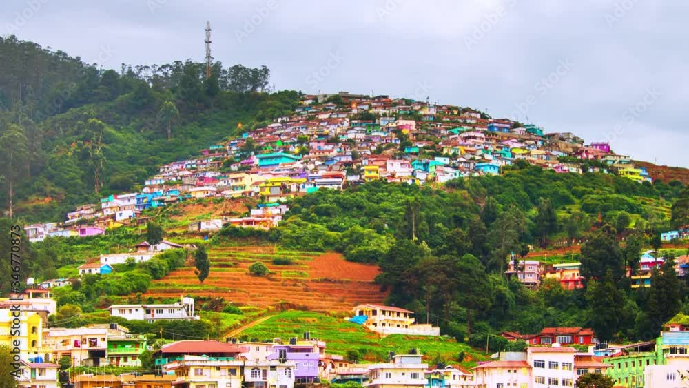 Ooty, India timelapse during cloudy day. Aerial view of Nilgiri