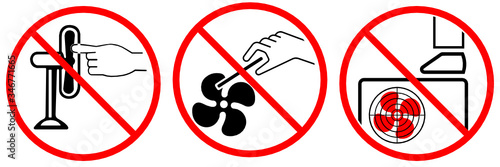 Warning fan vector icon isolated on white background, do not use hands to touch propeller fan and trample above the condenser