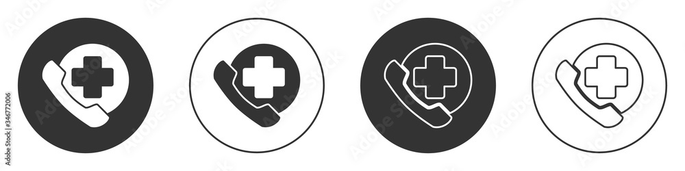 Black Emergency phone call to hospital icon isolated on white background. Circle button. Vector Illustration Black Emergency phone call to hospital icon isolated on white background. Circle button. Vector Illustration
