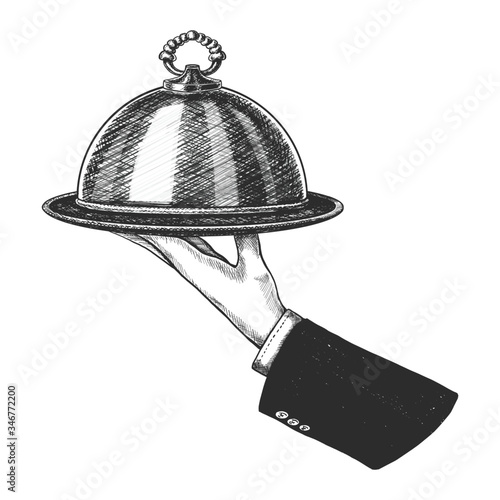 Vector hand drawn hand holding silver cloche. Isolated on white background. photo