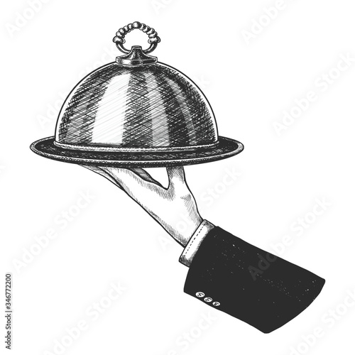 Vector hand drawn hand holding silver cloche. Isolated on white background.