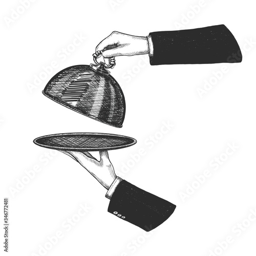 Vector hand drawn hand holding silver cloche and open the cover. Isolated on white background. photo