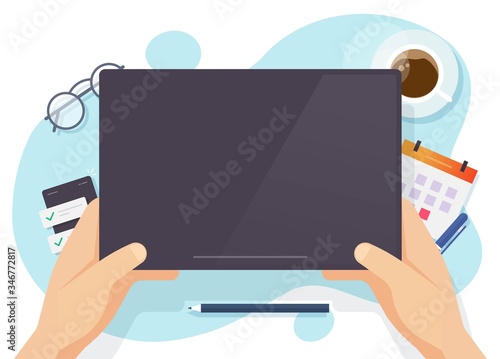 Digital tablet computer blank empty black screen for copy space text on working desk table or empty display in man hand above workplace vector illustration flat cartoon, work place office modern