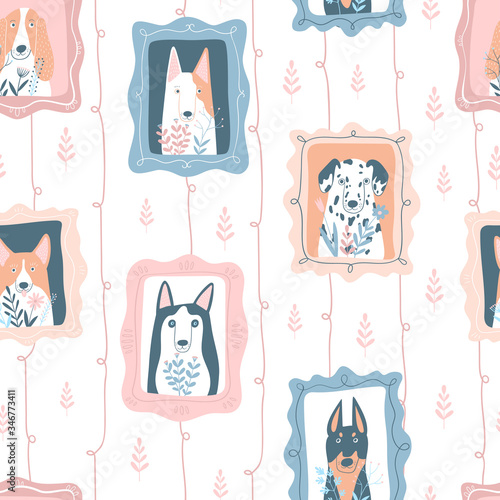 Seamless pattern with portraits of cute dogs with flowers. Flat cartoon colourful illustration. Perfect for kids apparel, textile, nursery, wrapping paper