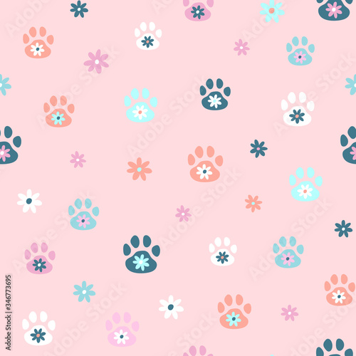 Seamless vector pattern with cute cat or dog paws and flowers. Animal footprint.