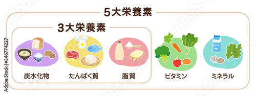 5大栄養素と3大栄養素の日本語の見出しが入った食材のベクターイラスト 