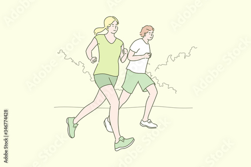 Sport, jogging, workout concept. Young happy smiling couple man woman boyfriend athletes cartoon characters and girlfriend running at park together. Summer recreation and active lifestyle illustration