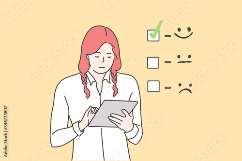 Customer assessment, business concept. Young happy smiling businesswoman cartoon character giving excellent rating for online survey on tablet. Marketing research and client experience illustration.