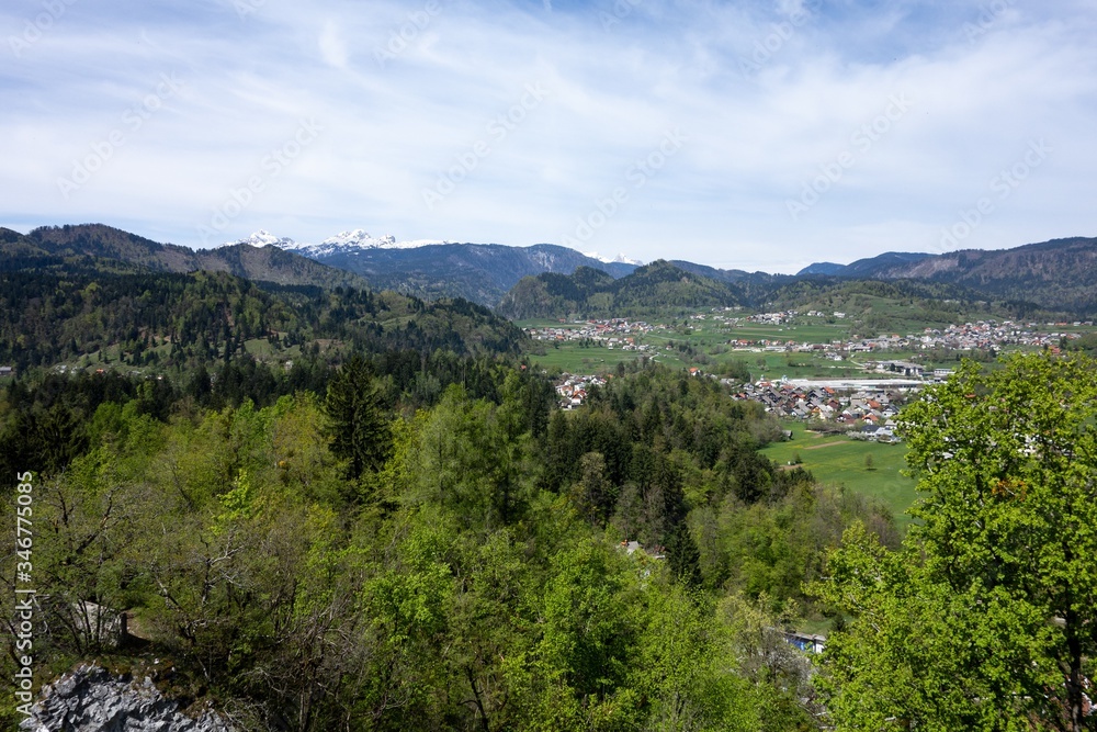 Landscape of villages near Bled, Slovenia with Julian Alps and Triglav range in background