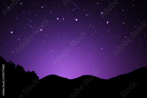 Night landscape with silhouettes of mountains and sky with stars, Starry night sky background. Dark blue sky with shinning stars, vector illustration