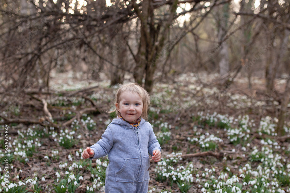 Little pretty girl in a clearing of snowdrops. A child walks in the spring forest. Little pretty girl in a clearing of snowdrops. A child walks in the spring forest.