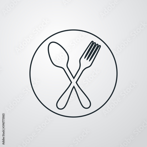 Símbolo restaurante. Icono plano lineal silueta tenedor y cuchara cruzadas en círculo en fondo gris