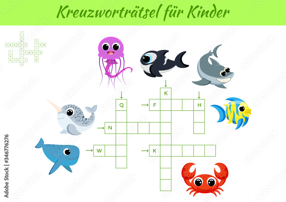  Kreuzworträtsel für Kinder - Crossword for kids. Crossword game with Illustration 