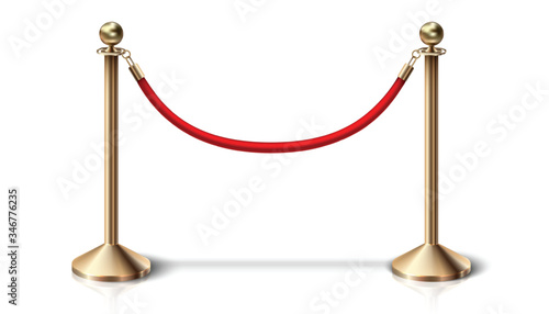  vector red velvet barrier rope with golden details. Isolated on white background.