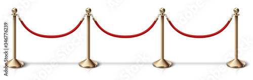  vector fence golden rope barrier with red velvet rope. Isolated on white background. photo