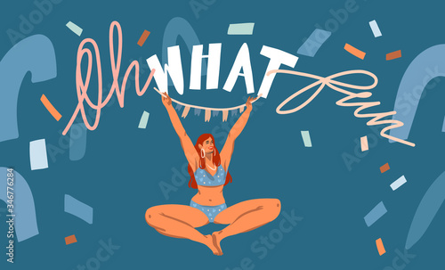Hand drawn vector abstract stock graphic illustration with young happy female with flags waiting for a party at home ,Oh what fun handwritten lettering isolated on colored collage background