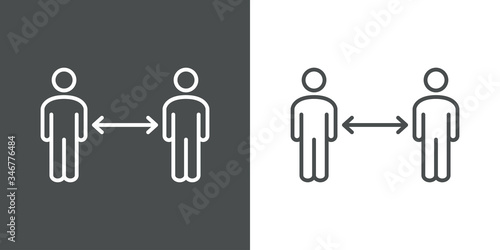 Símbolo distancia de seguridad. Icono plano lineal hombres con flechas en fondo gris y fondo blanco photo