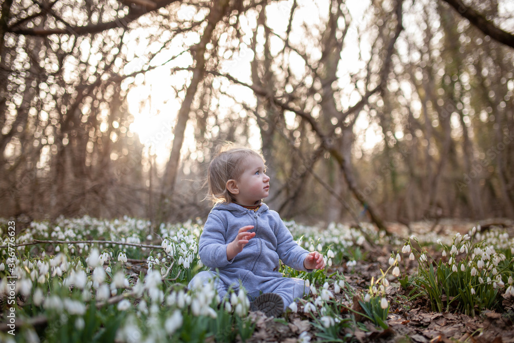 Little pretty girl in a clearing of snowdrops. A child walks in the spring forest. Little pretty girl in a clearing of snowdrops. A child walks in the spring forest.