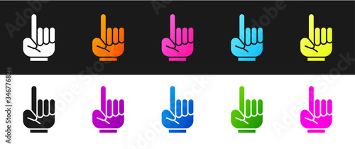Set Number 1 one fan hand glove with finger raised icon isolated on black and white background. Symbol of team support in competitions. Vector Illustration