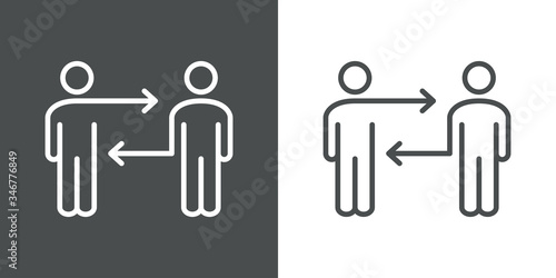 Símbolo distancia de seguridad. Icono plano lineal hombres con flechas en fondo gris y fondo blanco