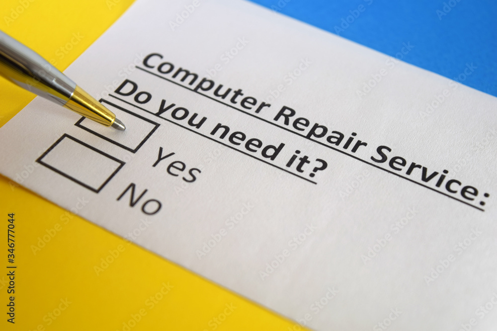 One person is answering question about computer repair service. One person is answering question about computer repair service.