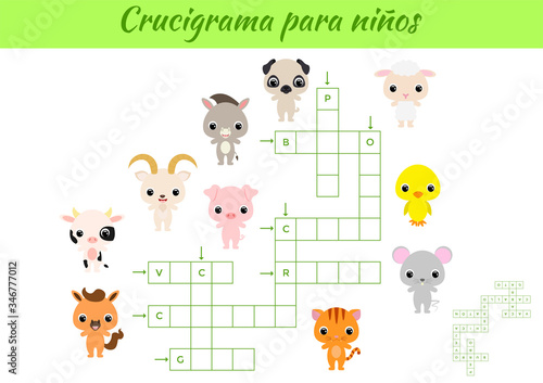 Crucigrama para niños - Crossword for kids. Crossword game with pictures. Kids activity worksheet colorful printable version. Educational game for study Spanish words. Vector stock illustration.