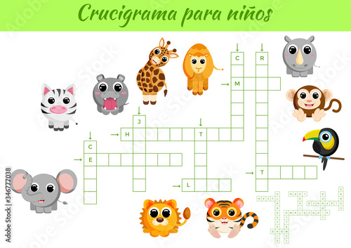 Crucigrama para niños - Crossword for kids. Crossword game with pictures. Kids activity worksheet colorful printable version. Educational game for study Spanish words. Vector stock illustration.