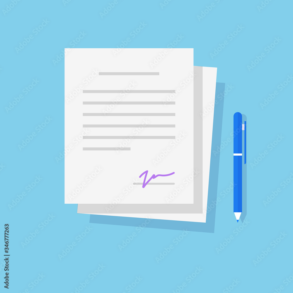 Contract or agreement document signed vector, flat cartoon pen with legal doc with text and signature modern clipart, pile of stack of paper sheet files isolated Contract or agreement document signed vector, flat cartoon pen with legal doc with text and signature modern clipart, pile of stack of paper sheet files isolated