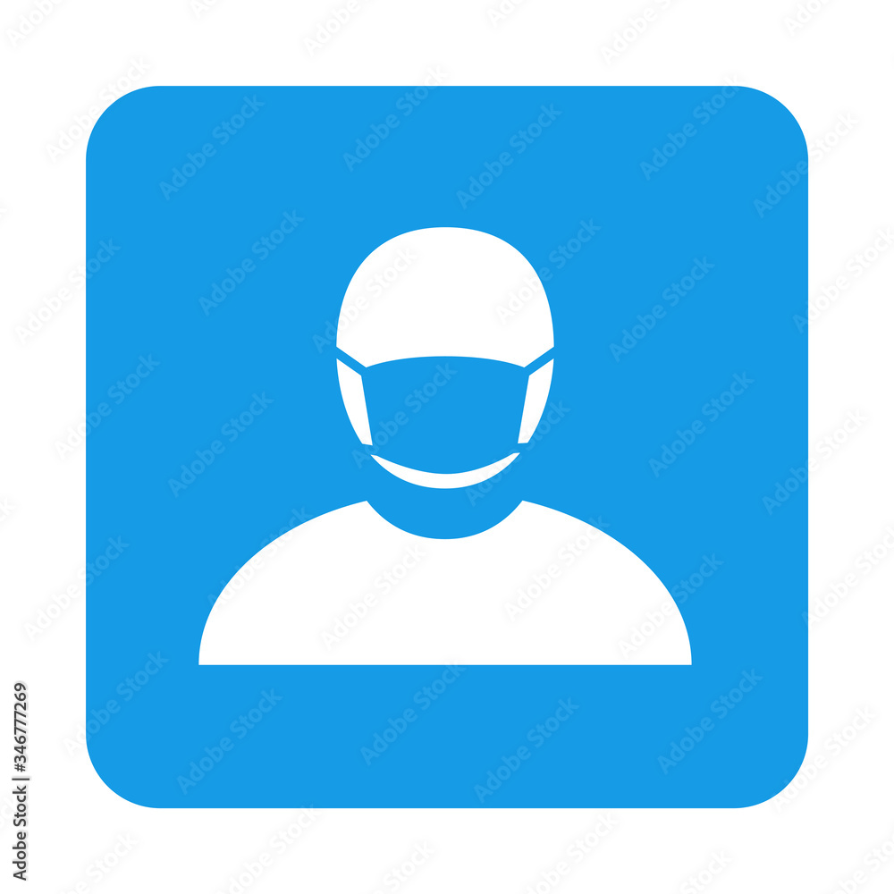 Icono plano hombre con máscara hospital en cuadrado color azul Icono plano hombre con máscara hospital en cuadrado color azul