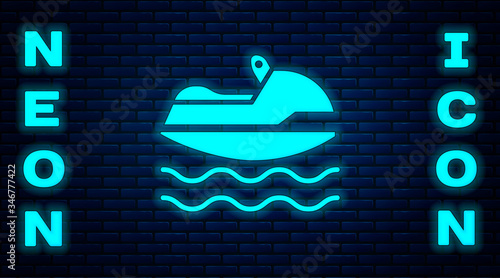 Glowing neon Jet ski icon isolated on brick wall background. Water scooter. Extreme sport. Vector Illustration