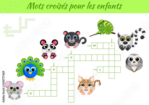 Mots croisés pour les enfant - Crossword for kids. Crossword game with pictures. Kids activity worksheet colorful printable version. Educational game for study French words. Vector stock illustration.