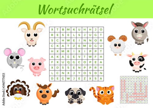 Wortsuchrätsel - Word search puzzle. Clip cards game template. Kids activity worksheet colorful printable version. Educational game for study German words. Includes answers. Vector stock illustration