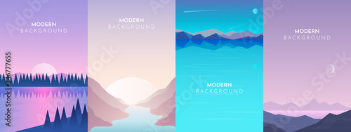 Abstract landscape set, Vector banners set with polygonal landscape illustration, Minimalist style, Abstract image of a sunset or dawn sun over the mountains at the background and river or lake at the