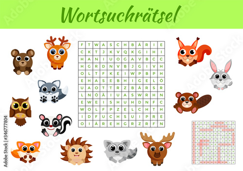Wortsuchrätsel - Word search puzzle. Clip cards game template. Kids activity worksheet colorful printable version. Educational game for study German words. Includes answers. Vector stock illustration