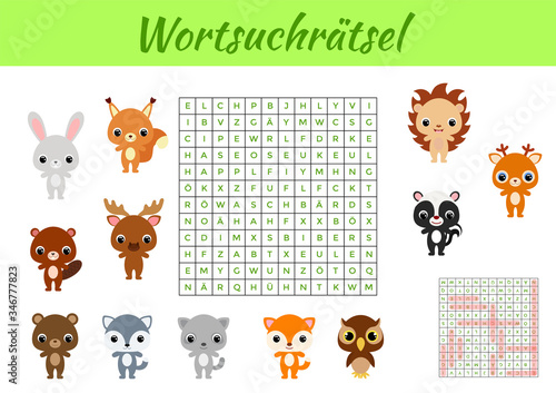 Wortsuchrätsel - Word search puzzle. Clip cards game template. Kids activity worksheet colorful printable version. Educational game for study German words. Includes answers. Vector stock illustration